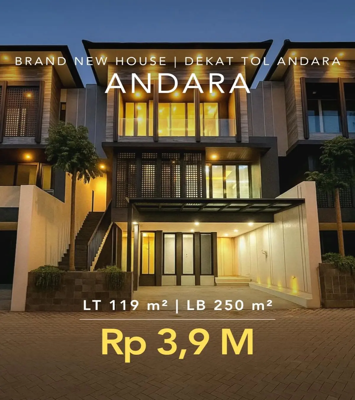 Brand New Townhouse 3 Lantai Dekat Tol Andara Pondok Labu – LT 119–128 m², LB 250–265 m², SHM Rp3,9–4,1 M